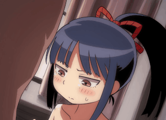 さらしを着けたぺたんこ巫女さんにアレを擦り付けるエロGIF 1