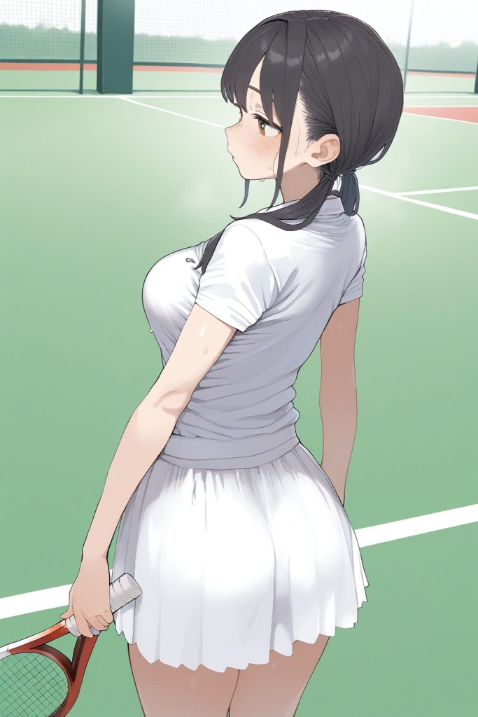 【二次エロ】巨乳おさげちゃんがテニスウェアでえっちな汗を流す 2枚目