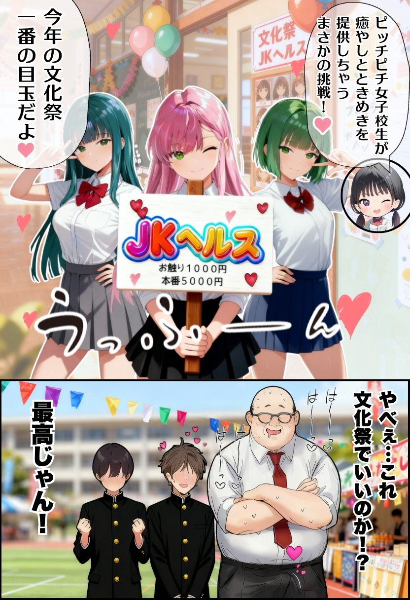 【エロ漫画】文化祭J◯ヘルス VS レンタルおじさんちんぽ 2ページ目