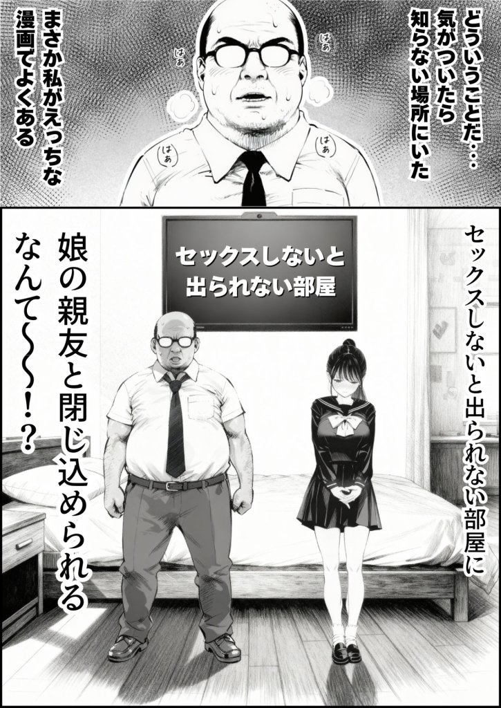 【エロ漫画】セックスしないと出られない部屋に娘の親友と閉じ込められたんだが・・・