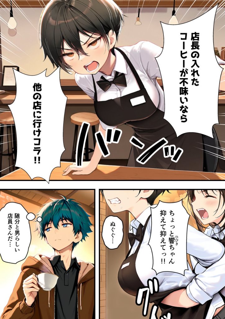 【エロ漫画】目つきの悪いボーイッシュなTSカフェ店員さんはお願いしたら中出しセックスさせてくれる(チョロい) 7ページ目