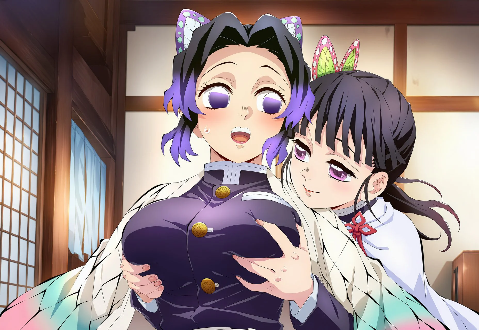 【画像】栗花落カナヲが胡蝶しのぶのおっぱい揉みまくってるエロ画像