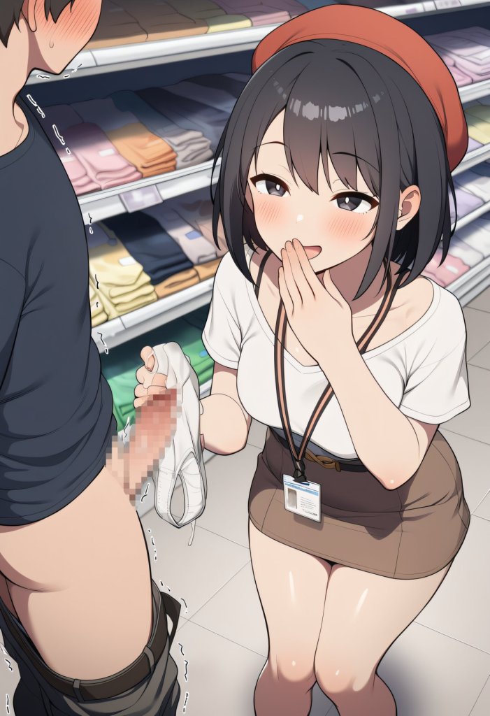 【二次エロ】パンコキ用パンツを探してたら店員さんにお試しコキされた 5枚目