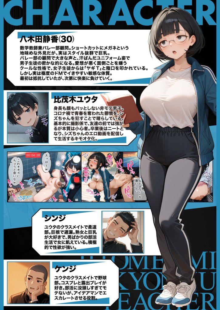 【エロ漫画】ジト目で地味な巨乳の担任を孕ませたい 担当科目:数学 バレー部顧問 独身 愛称:シズちゃん・ヤギT(30歳)