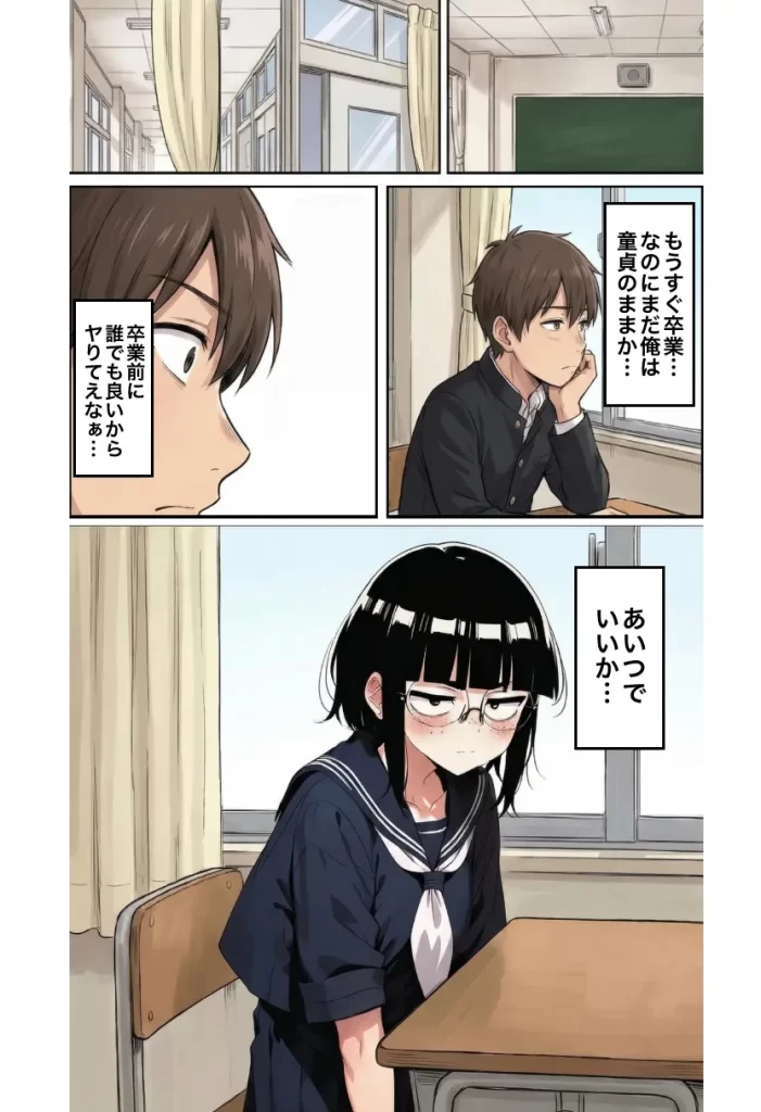 【エロ漫画】ブスな女子校生とヤって童貞を捨てる話