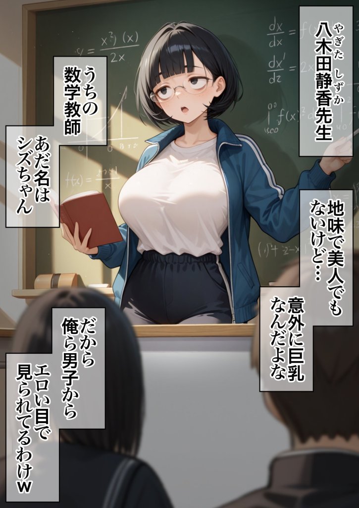 【エロ漫画】ジト目で地味な巨乳の担任を孕ませたい 担当科目:数学 バレー部顧問 独身 愛称:シズちゃん・ヤギT(30歳)