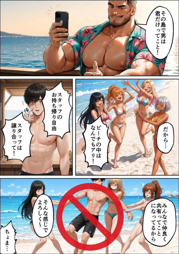 【エロ漫画】海の家バイトに行ったら、ギャル専用プライベートビーチで逆ナンされまくった話