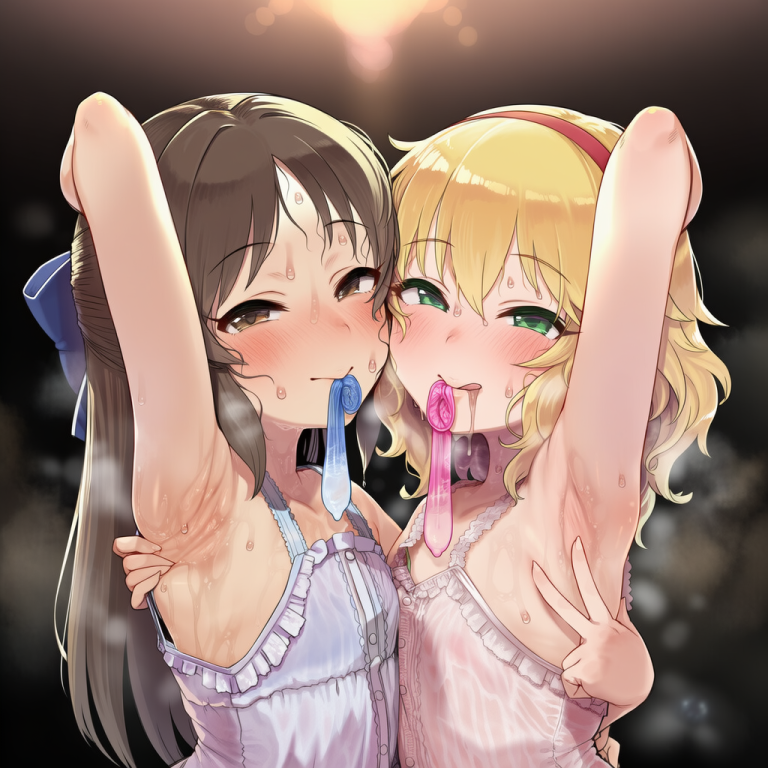 【画像】橘ありすと櫻井桃華が汗だくでコンドーム咥えてるエロ画像