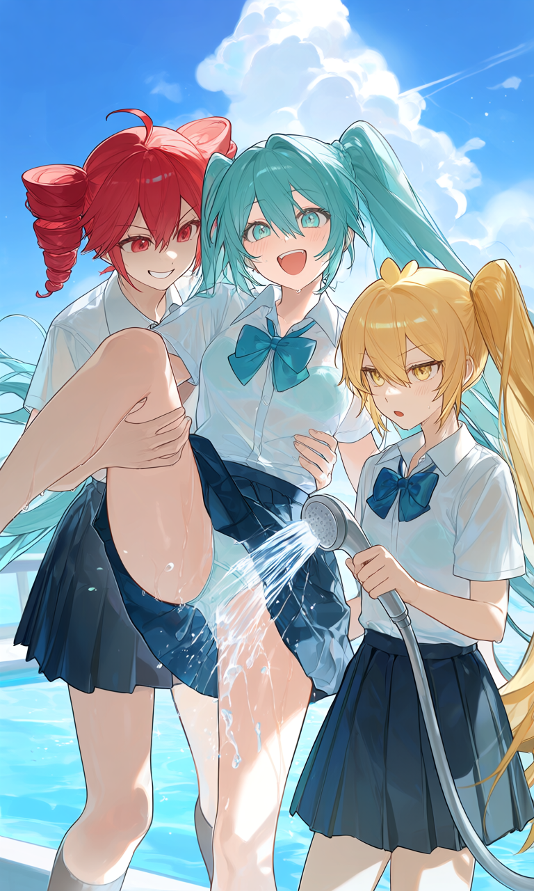 亞北ネル・初音ミク・重音テト(VOCALOID)|百合プール掃除でシャワ姦とりぷるばか (6/24)