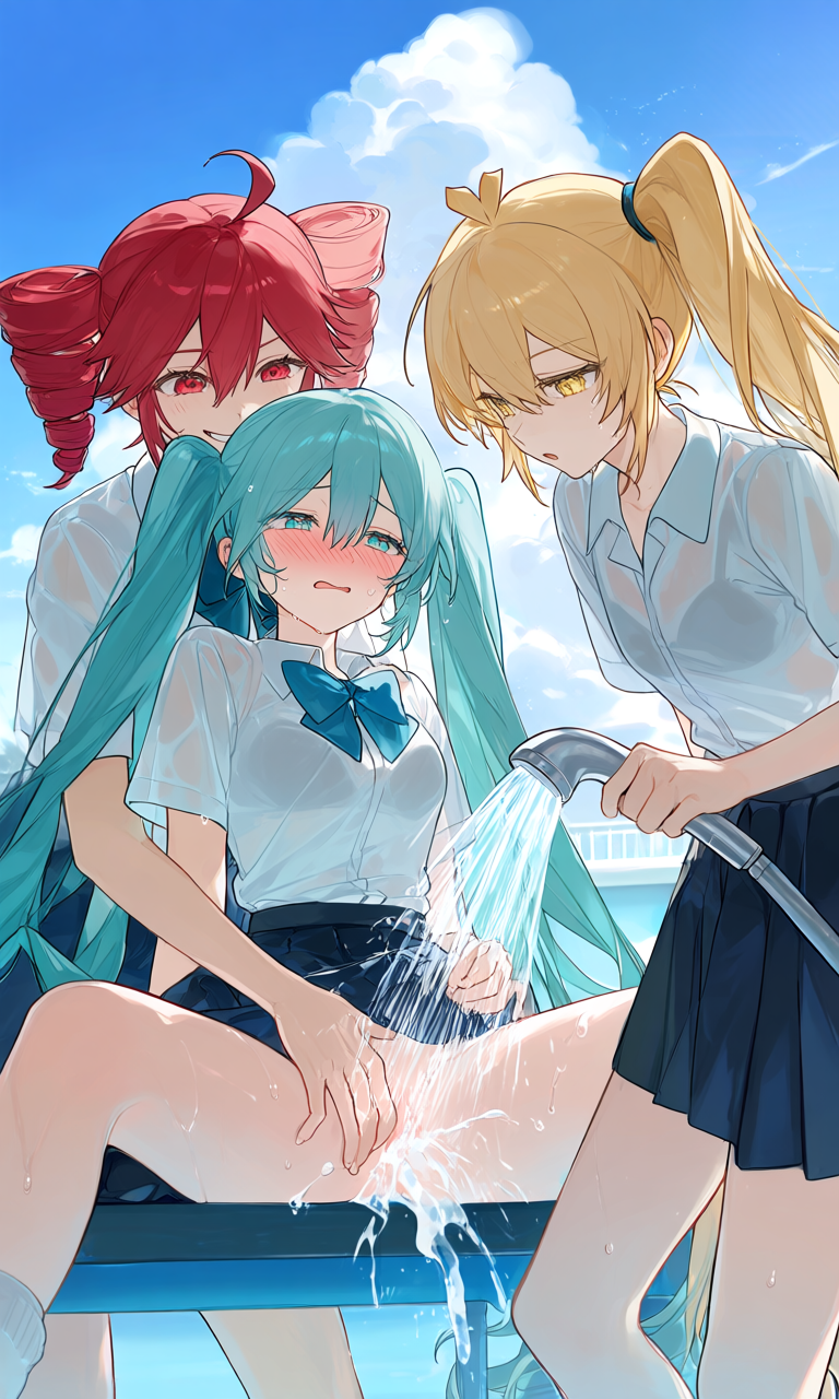 亞北ネル・初音ミク・重音テト(VOCALOID)|百合プール掃除でシャワ姦とりぷるばか (1/24)