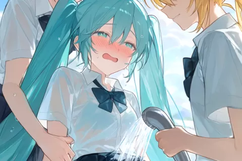 【二次エロ】プール掃除で女の子同士がふざけてエロいことしちゃってるエロ画像