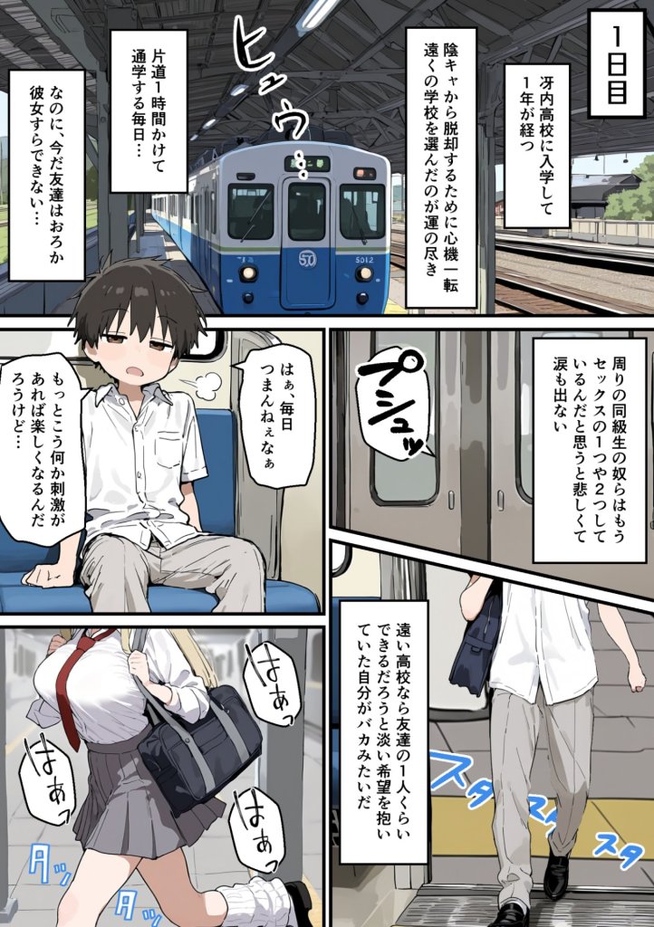 【エロ漫画】通学電車でダウナーギャルの性欲の捌け口にされた陰キャ童貞の僕〜5日間性体験記録〜