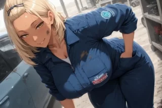 ツナギの下は爆乳黒ギ